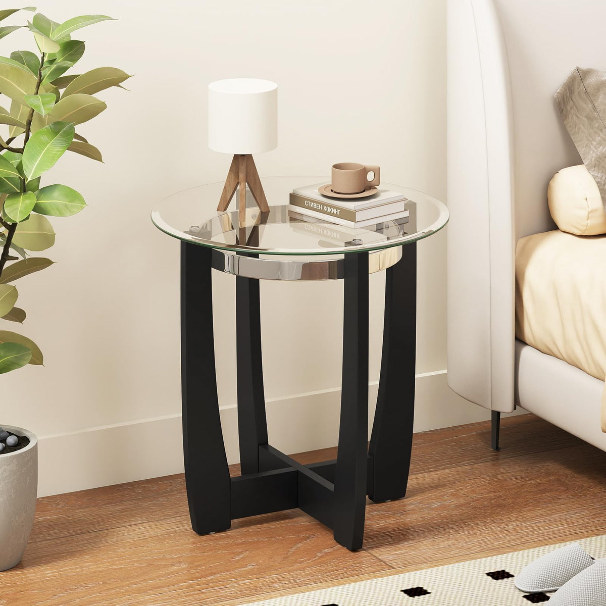 Goflame Round Glass End Table - 24’’ Side Table with Tempered Glass Top