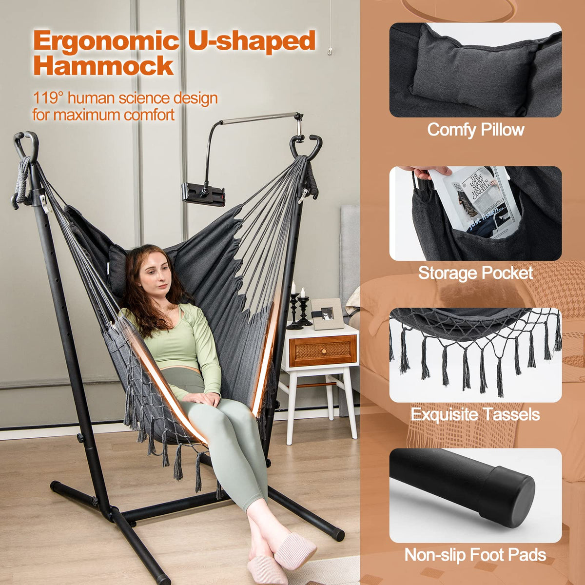 Goflame Hanging Swing with Stand - Hammock Chair with Phone Holder