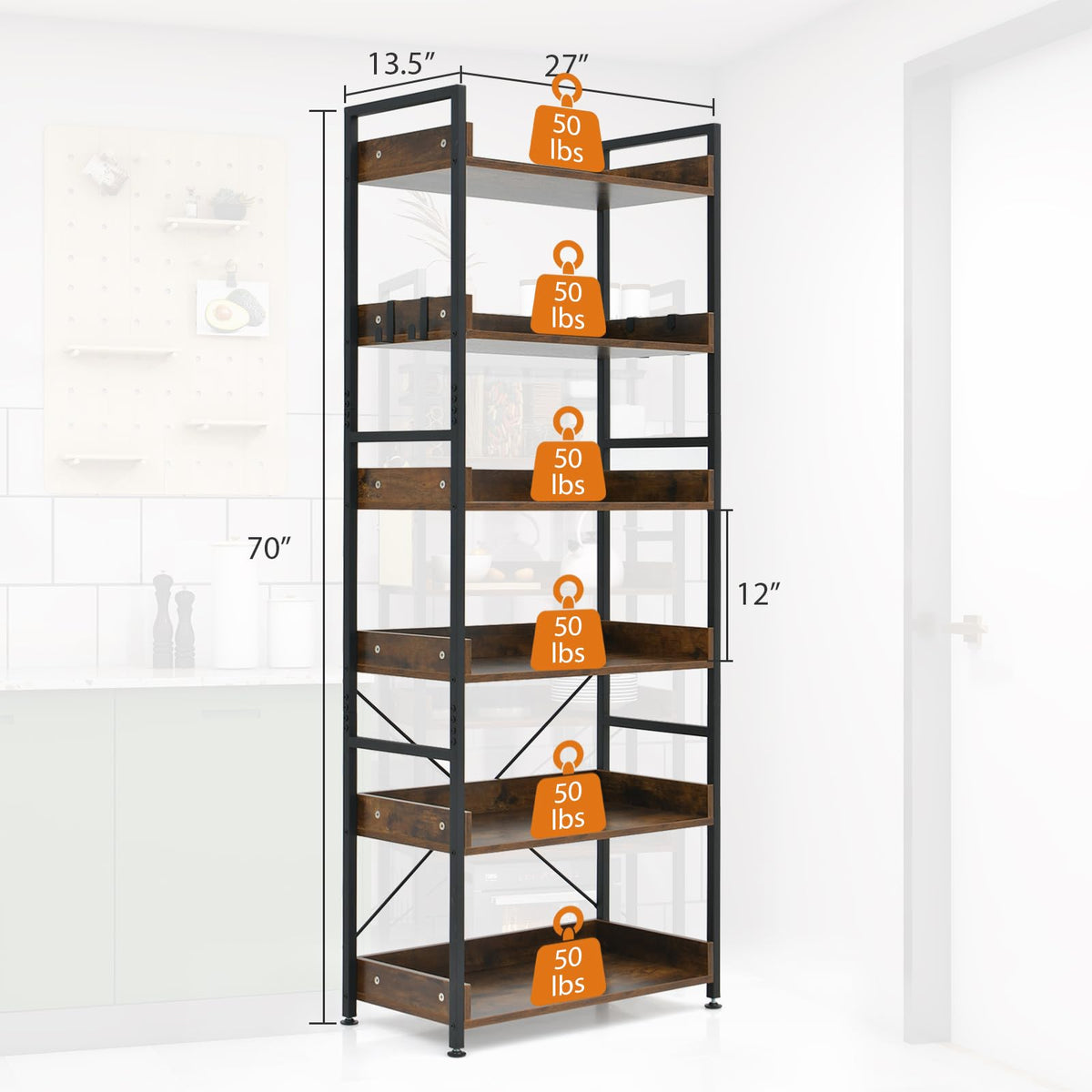 Goflame Industrial 6-Tier Bookshelf, 70" Tall Freestanding Storage Display Shelf with 4 Hooks