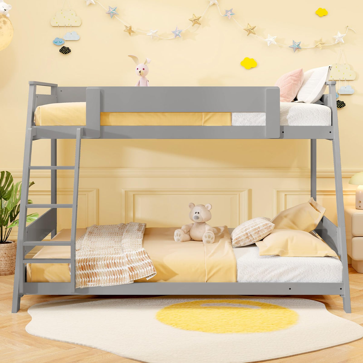 Goflame Wood Bunk Beds Twin Over Full Size, Solid Wood Floor Low Bunk Bed w/Removable Ladder