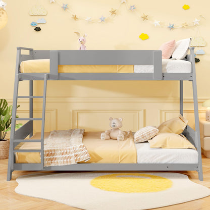 Goflame Wood Bunk Beds Twin Over Full Size, Solid Wood Floor Low Bunk Bed w/Removable Ladder