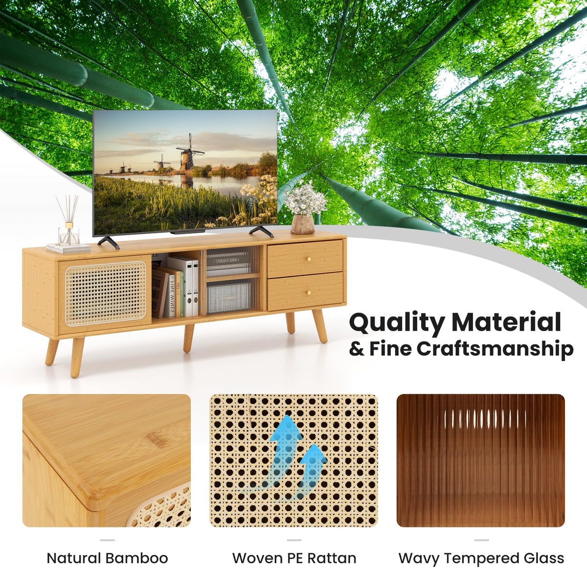 Goflame Bamboo TV Stand for 55 60 65 Inch TV, PE Rattan Entertainment Center with Sliding Doors