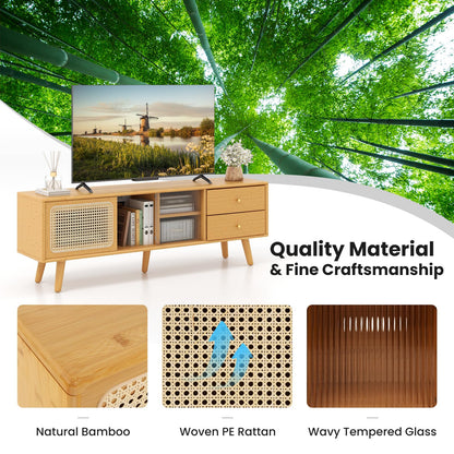 Goflame Bamboo TV Stand for 55 60 65 Inch TV, PE Rattan Entertainment Center with Sliding Doors
