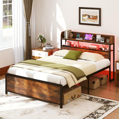 Goflame Metal Platform Bed Frame with Storage Headboard