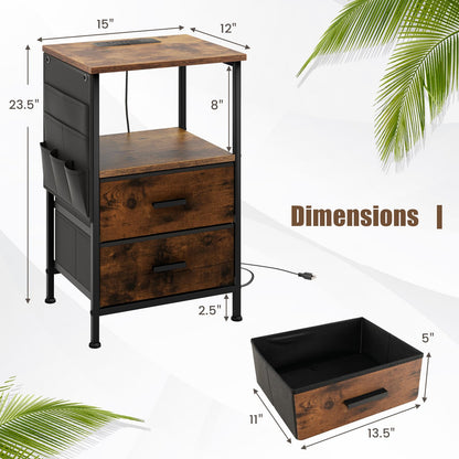 Goflame Nightstand with Charging Station, Industrial Bedside Table with 2 Fabric Drawers & 6 Storage Pockets