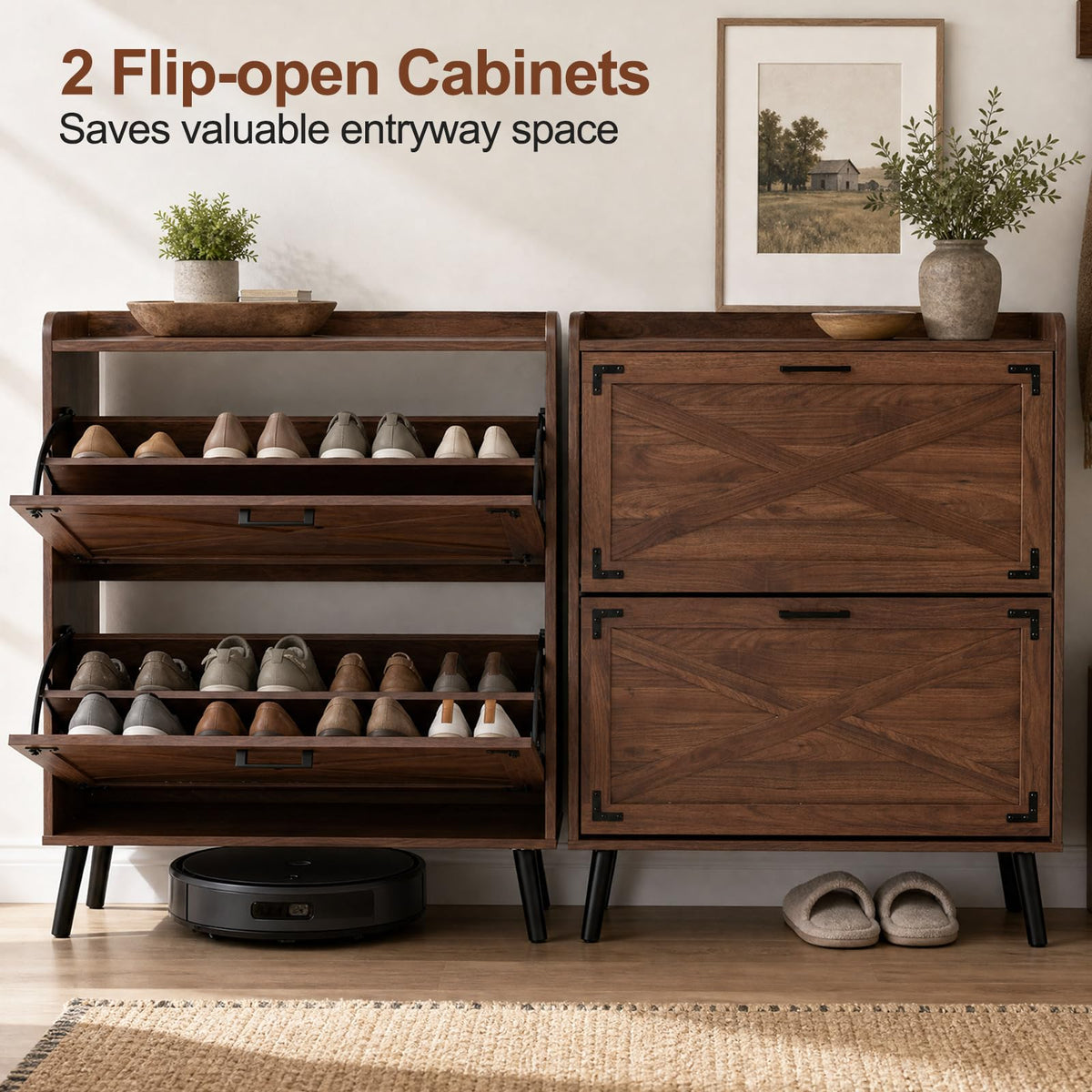 Goflame Freestanding Slim Farmhouse Shoe Storage Cabinet with 2 Flip Drawers