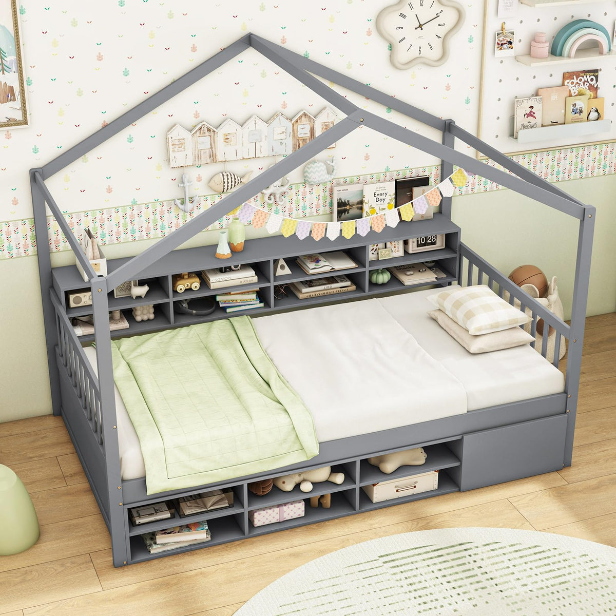 Goflame Twin Size House Bed with Storage, Wooden Montessori House Bed with 14 Storage Cubes