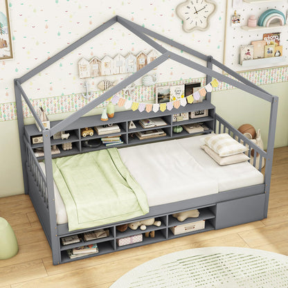 Goflame Twin Size House Bed with Storage, Wooden Montessori House Bed with 14 Storage Cubes