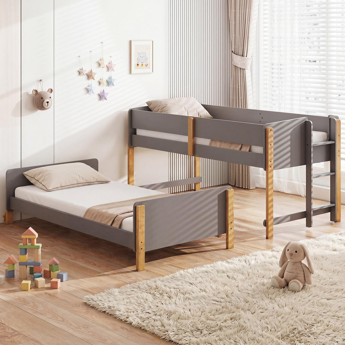Goflame Twin Over Twin Bunk Bed with Ladder for Kids Teens Bedroom