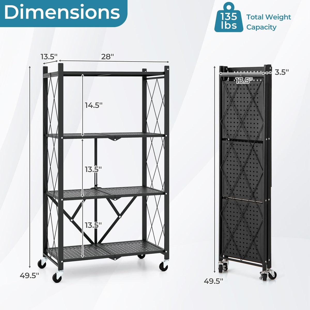 Goflame 4-Tier Foldable Storage Shelf, Collapsible Shelving Unit Display with Lockable Wheels