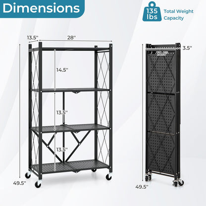 Goflame 4-Tier Foldable Storage Shelf, Collapsible Shelving Unit Display with Lockable Wheels