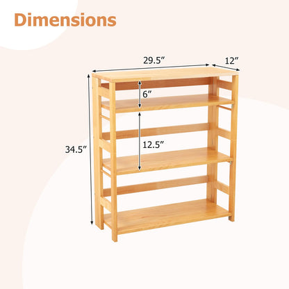 Goflame 4-Tier Bookshelf, 34.5" Floor Storage Shelf w/Rubber Wood Frame, Anti-Toppling Kits, Side Fences