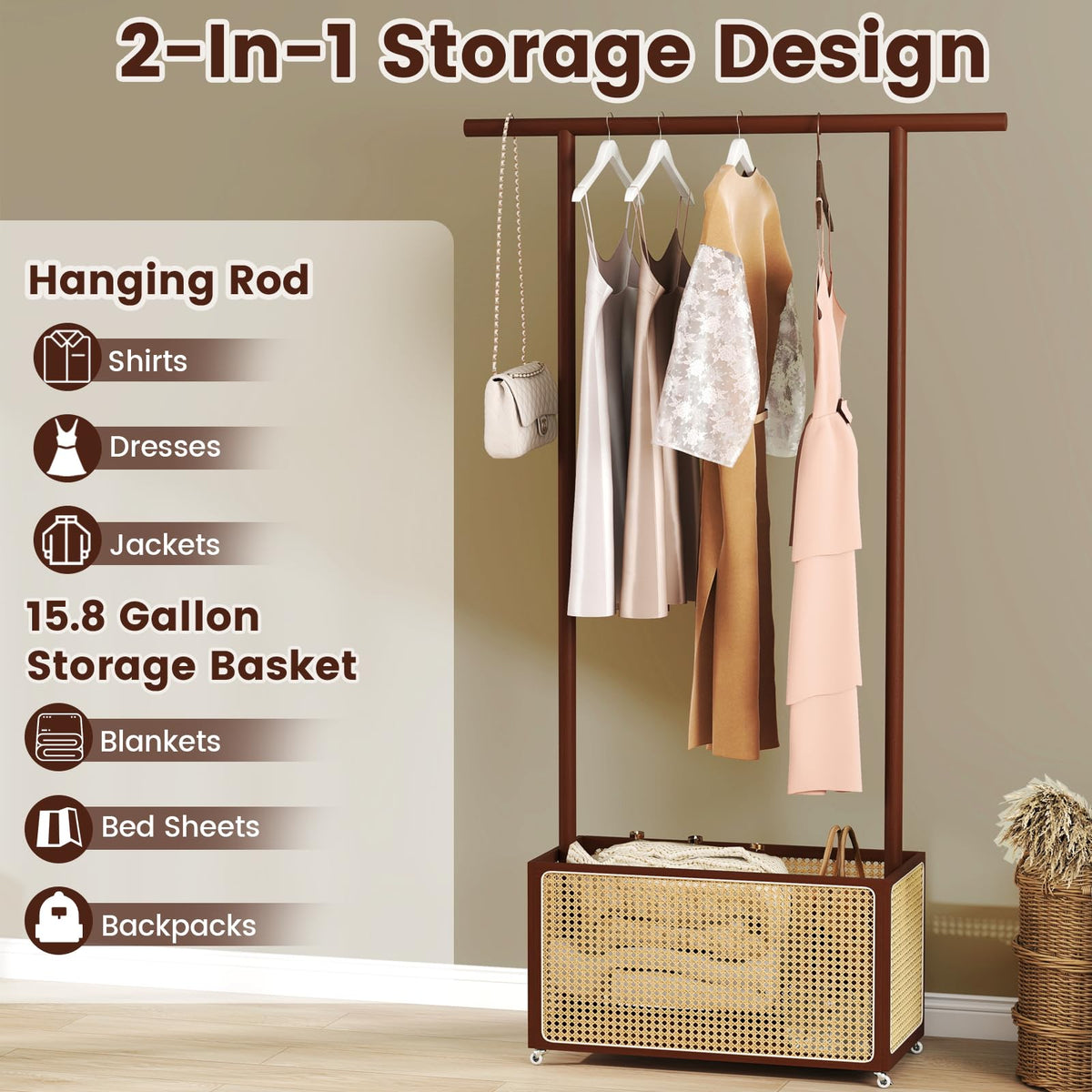 Goflame Bamboo Clothes Rack 2-In-1 Clothing Hanging Rail for Hallway Living Room Bedroom