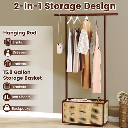 Goflame Bamboo Clothes Rack 2-In-1 Clothing Hanging Rail for Hallway Living Room Bedroom