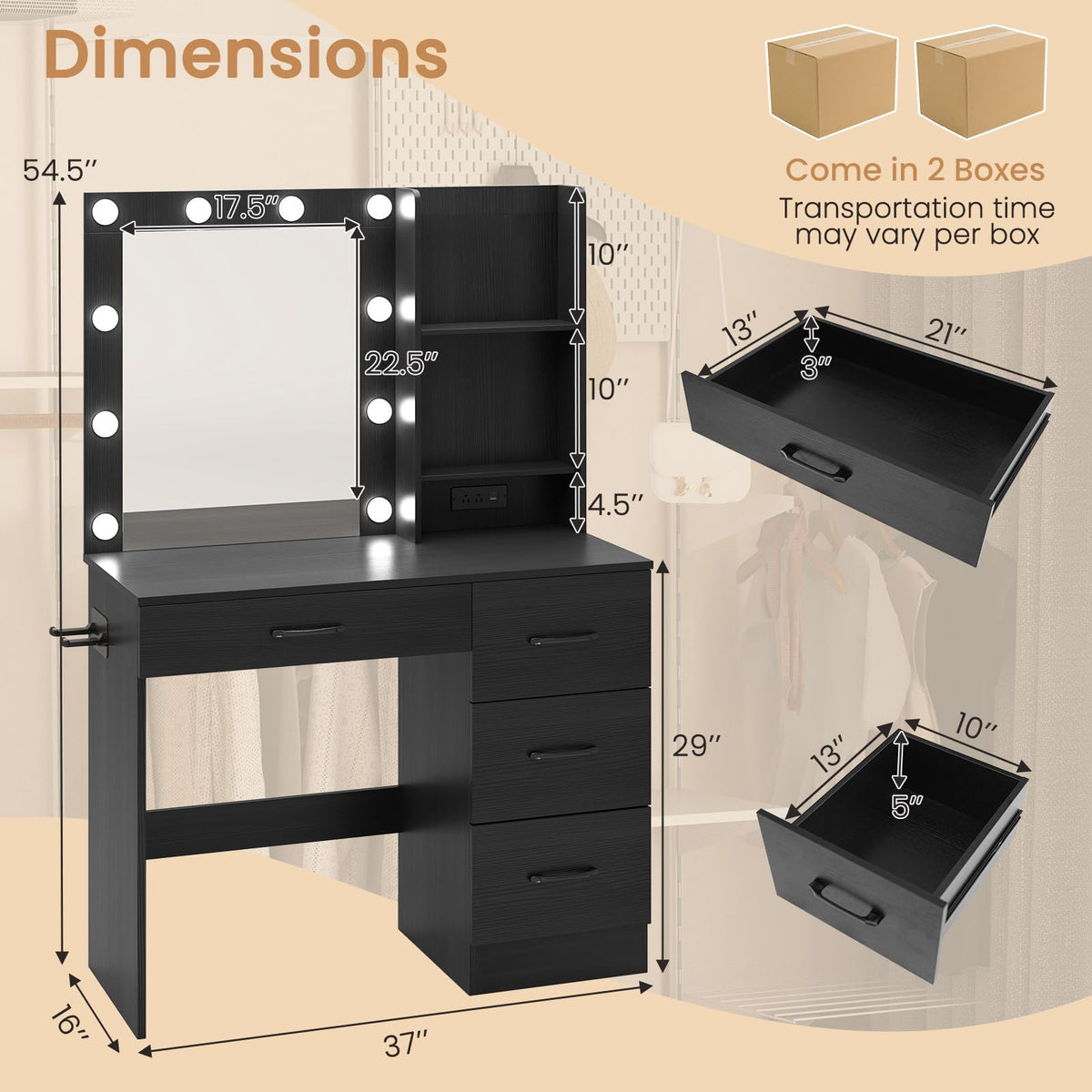 Makeup Vanity Desk with Lights, Modern Dressing Table with Charging Station