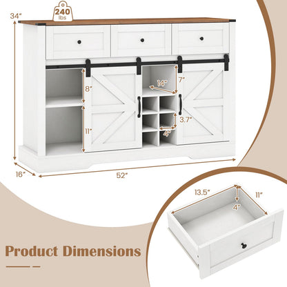 Goflame Wine Bar Cabinet with LED Lights 52" Buffet Sideboard w/Sliding Barn Door 3 Drawer