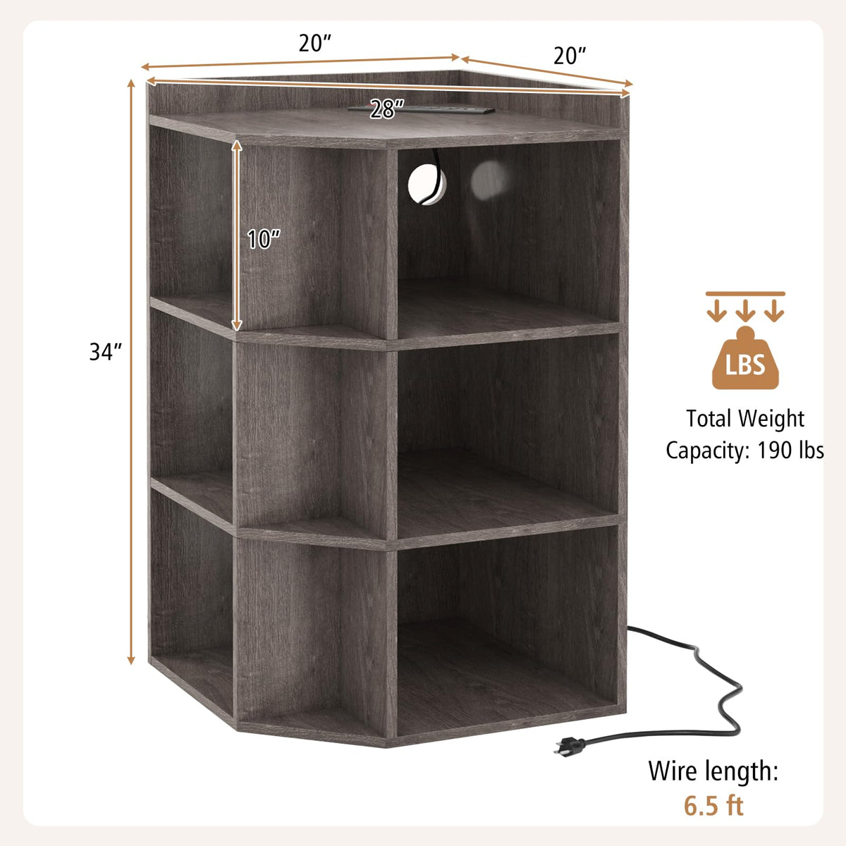 Goflame 3-Tier Corner Cabinet with Charging Station, Corner Shelf with 9 Cubbies, 2 USB Ports & 4 Outlets