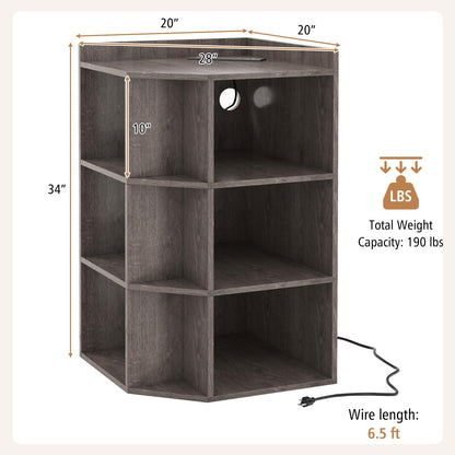 Goflame 3-Tier Corner Cabinet with Charging Station, Corner Shelf with 9 Cubbies, 2 USB Ports & 4 Outlets