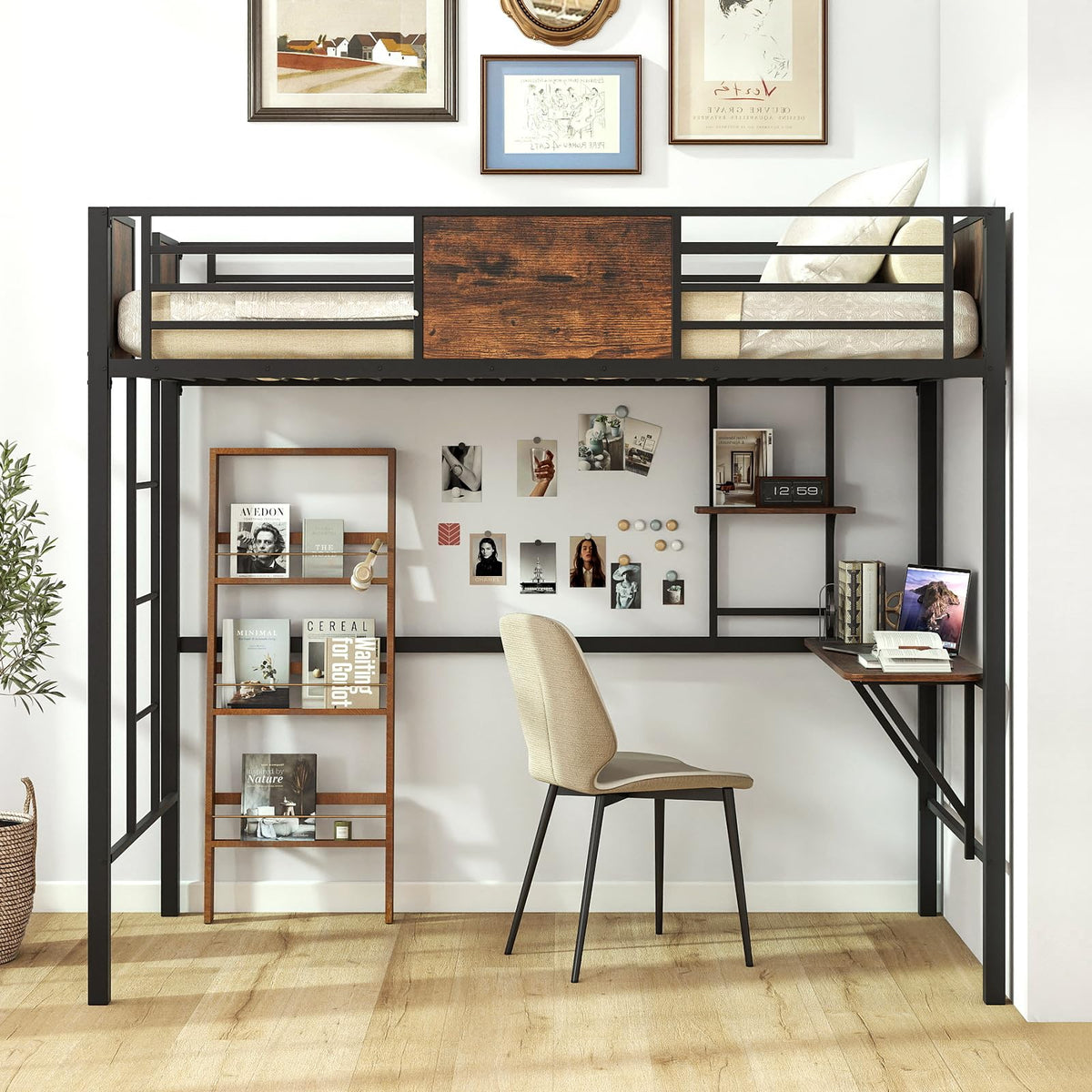 Goflame Twin Loft Bed with Desk - Heavy-Duty Metal Bed Frame w/Safety Guardrail