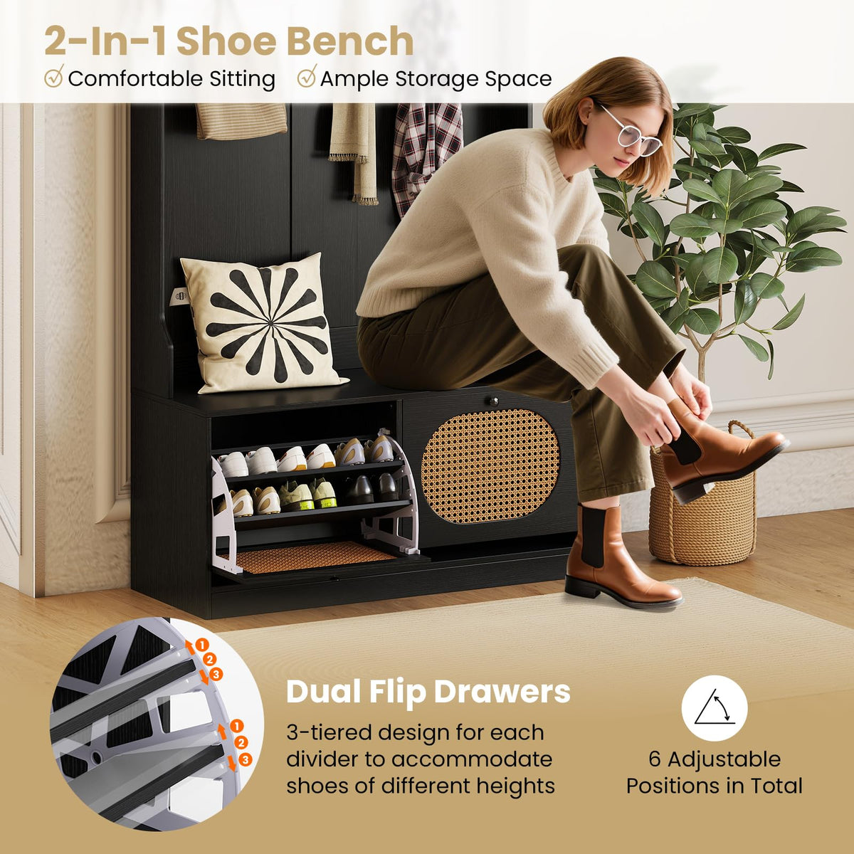 Goflame 4-In-1 Hall Tree Entryway Bench with Coat Rack & Flip Drawers