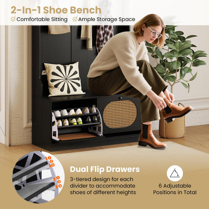 Goflame 4-In-1 Hall Tree Entryway Bench with Coat Rack & Flip Drawers