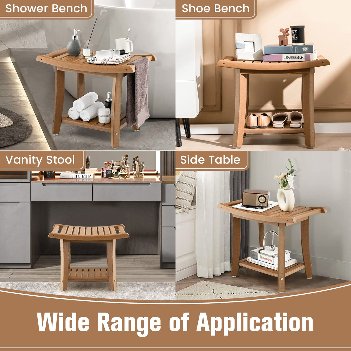 Goflame Shower Bench, HDPE Waterproof Shower Stool with Storage Shelf
