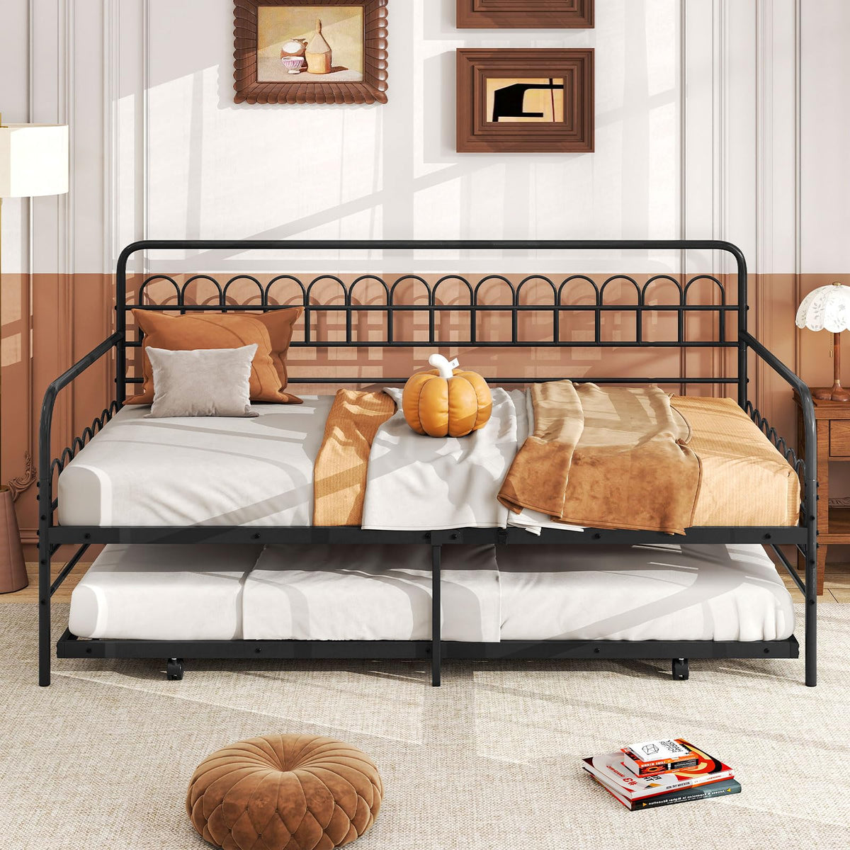 Goflame Twin Daybed with Trundle with Heavy-Duty Metal Slats