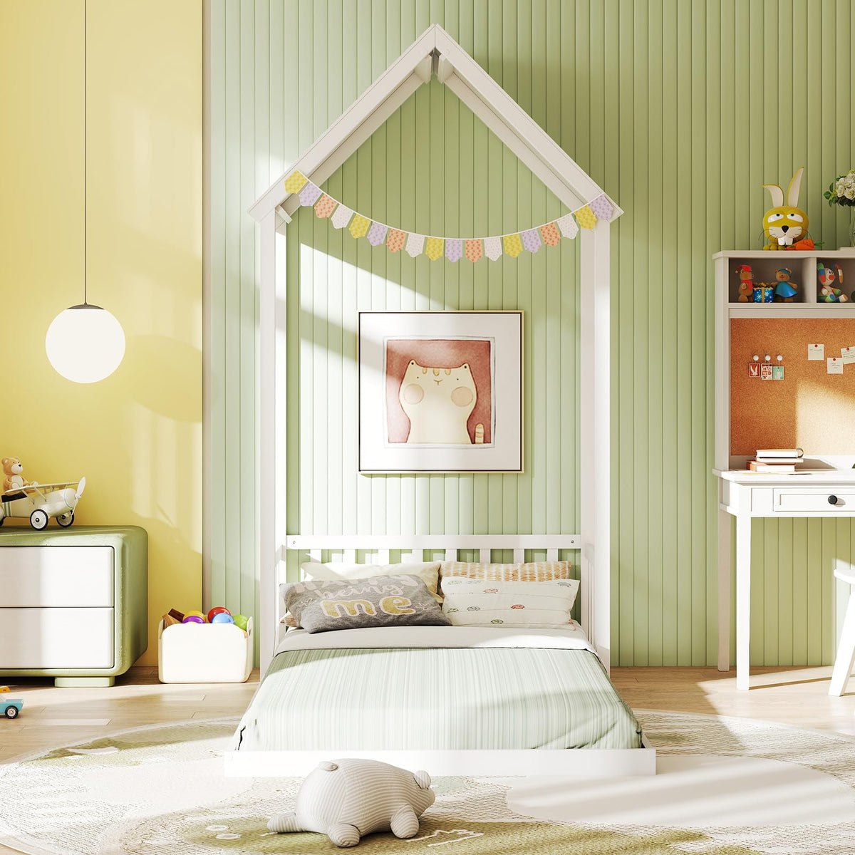 Goflame Twin Size House Bed Montessori Floor Bed with House Shape Roof & Semi-Fence
