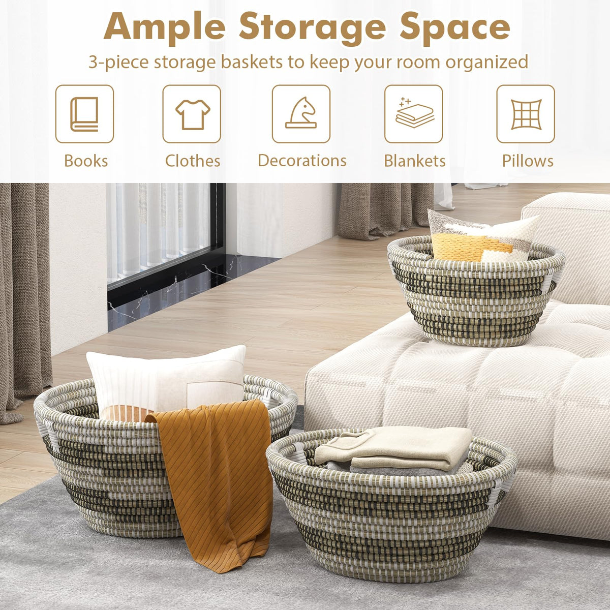 Goflame Woven Laundry Basket 24"/20"/16"- Set of 3 Stackable Storage Baskets with Handles