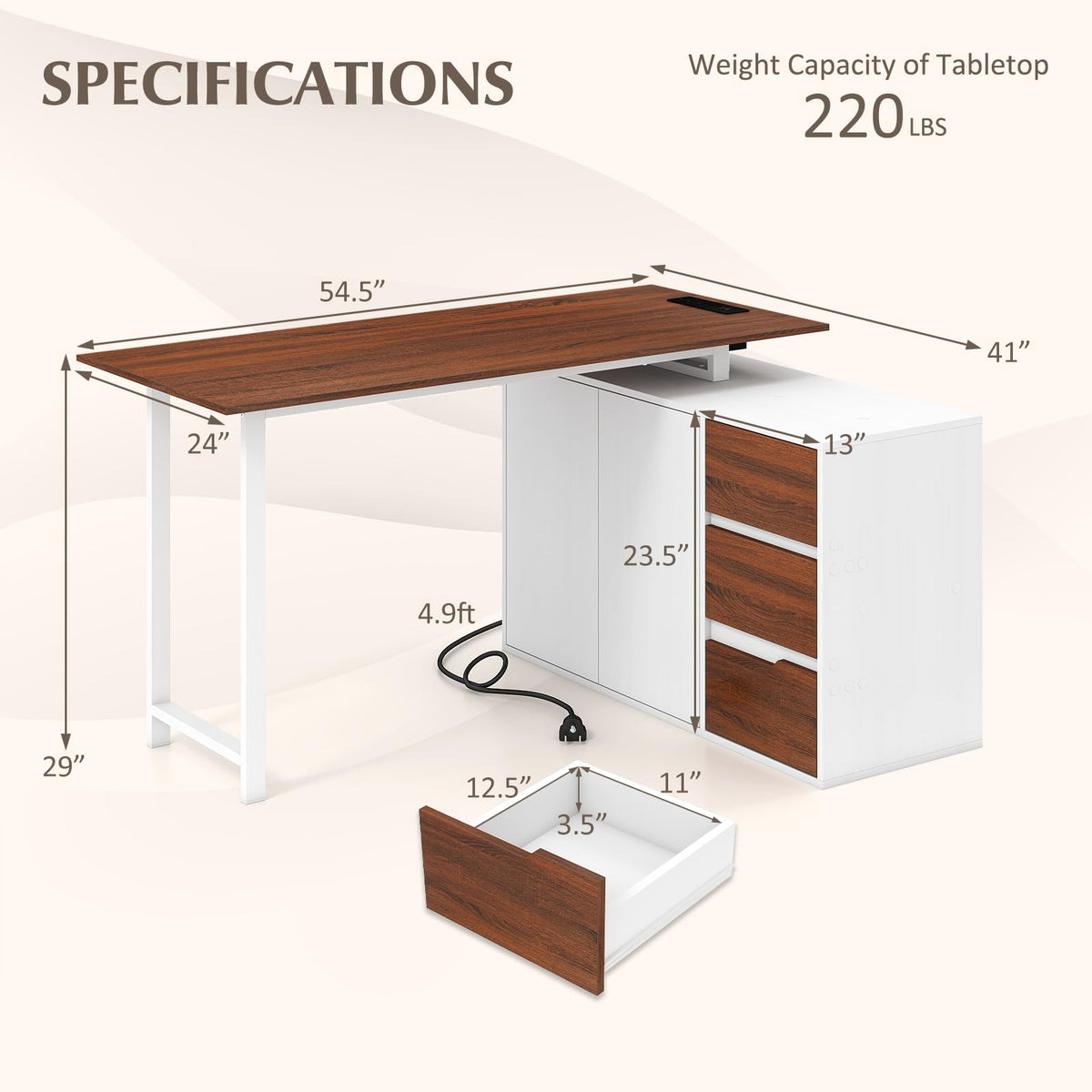 54.5” L Shaped Computer Desk with Power Outlet, Reversible Corner Desk with File Cabinet and 3 Drawers