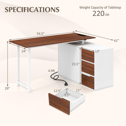 54.5” L Shaped Computer Desk with Power Outlet, Reversible Corner Desk with File Cabinet and 3 Drawers