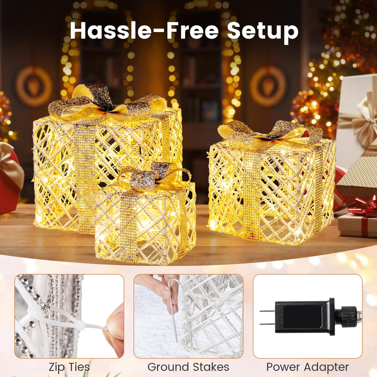 Goflame Set of 3 Christmas Lighted Gift Boxes, 90 LED Light up Present Boxes with Bows