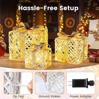Goflame Set of 3 Christmas Lighted Gift Boxes, 90 LED Light up Present Boxes with Bows