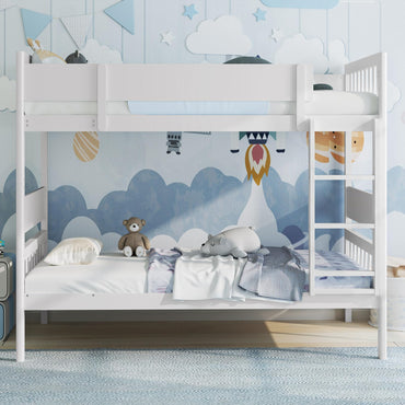 Goflame Wood Bunk Bed Twin Over Twin, Solid Wood Bunk Bed Frame with Ladder & Safety Guardrails