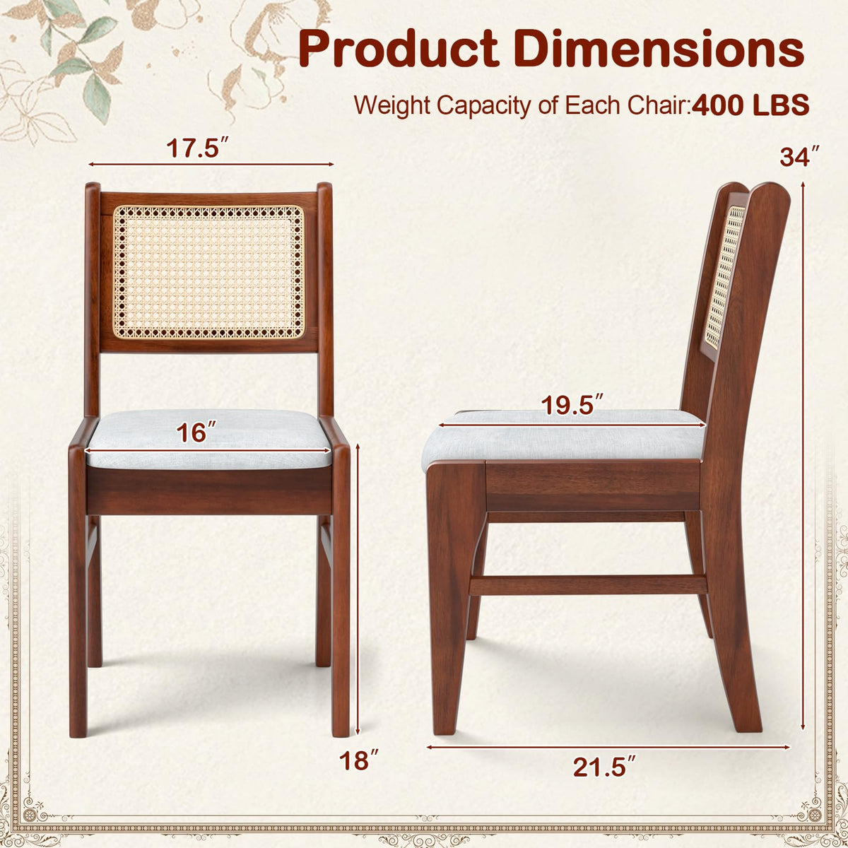 Goflame Rattan Dining Chairs Set of 2/4, Wooden Kitchen Chairs w/Cane Back, Rubber Wood Frame