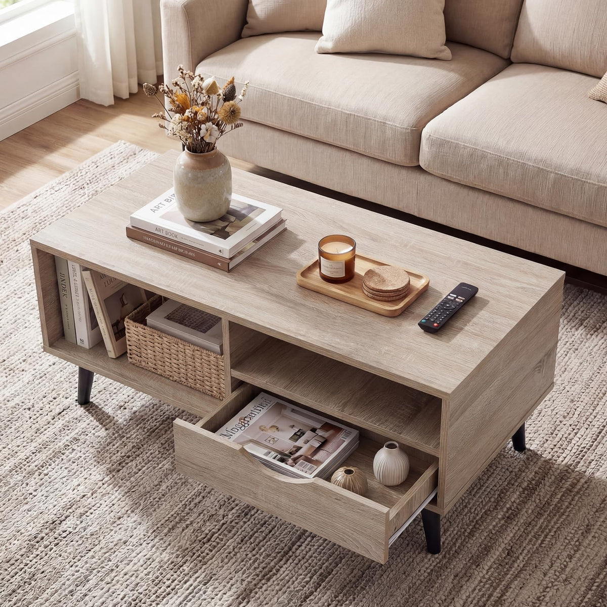 Goflame Wood Coffee Table with Storage Drawer 36.5 Inch Rustic Center Table