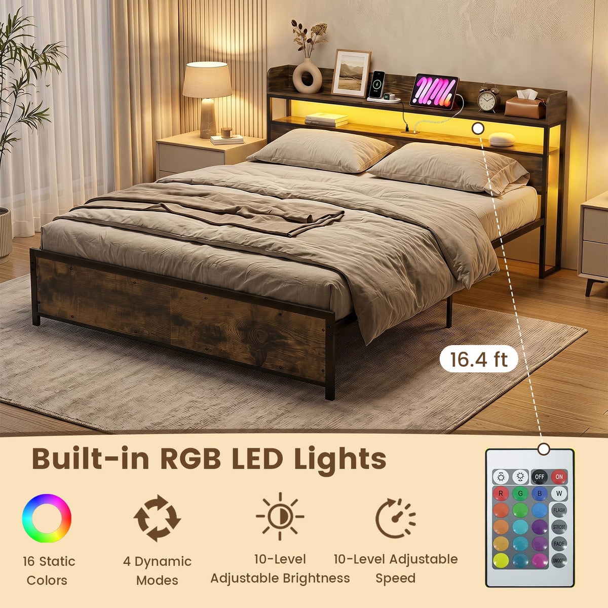 Goflame King Size Bed Frame with Storage Headboard
