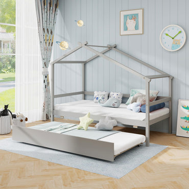 Goflame Wood House Bed for Kids, Twin Bed Frame with Trundle Bed Twin