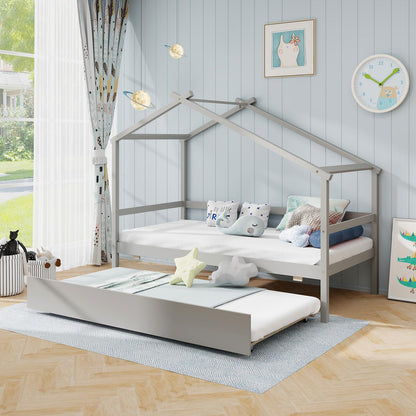 Goflame Wood House Bed for Kids, Twin Bed Frame with Trundle Bed Twin