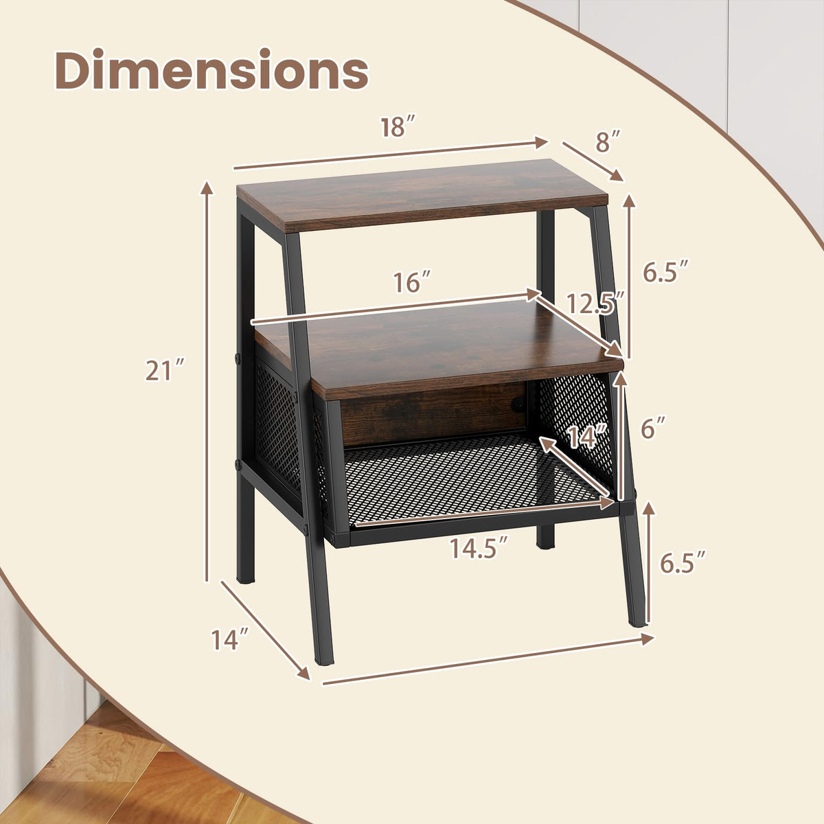 Goflame Industrial Nightstand 3-Tier End Table with 2 Open Shelves and Metal Mesh Compartment