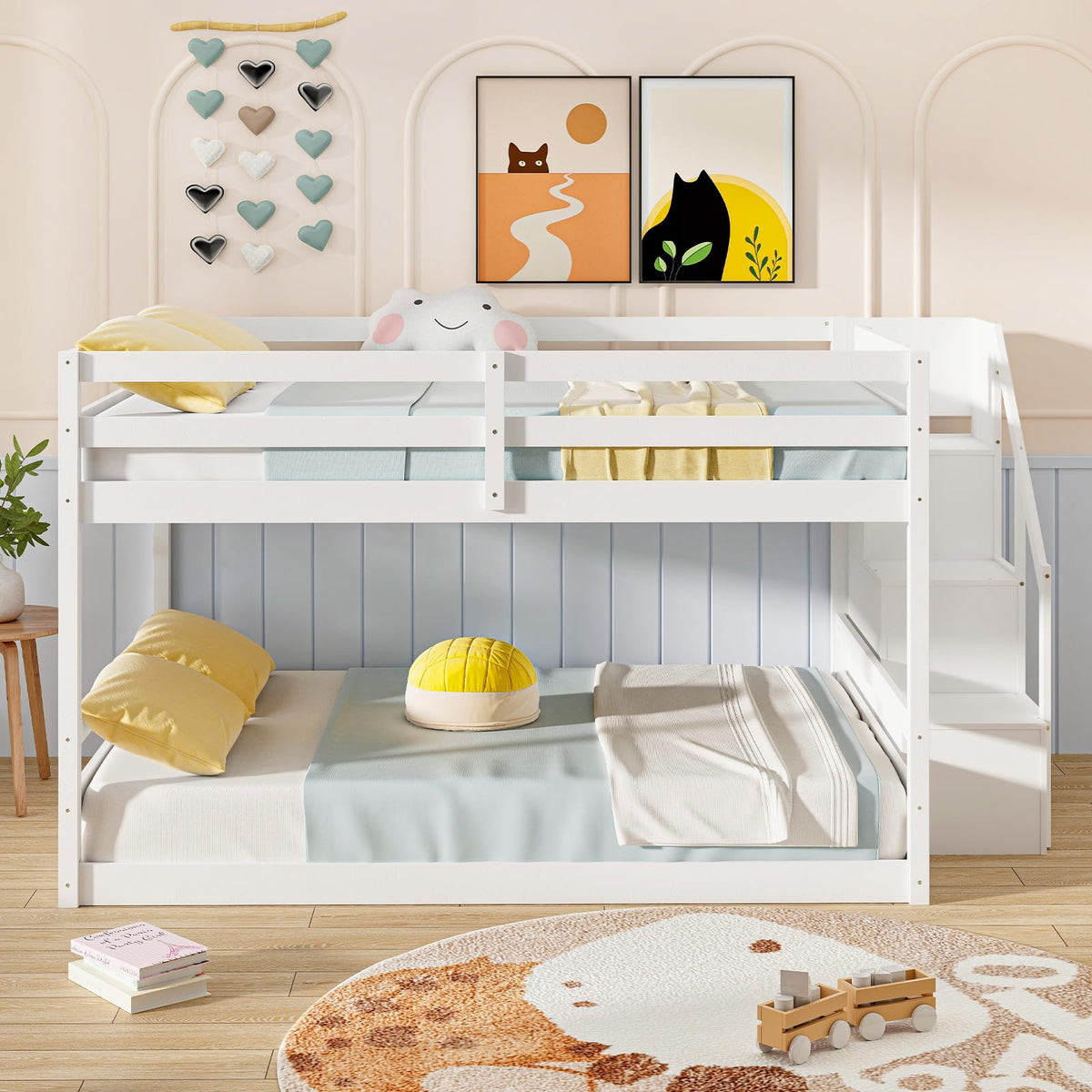 Goflame Bunk Bed with Stairs, Solid Wood Floor Bunk Bed with Storage Staircase & Full-Length Guardrails