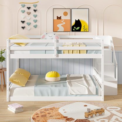 Goflame Bunk Bed with Stairs, Solid Wood Floor Bunk Bed with Storage Staircase & Full-Length Guardrails