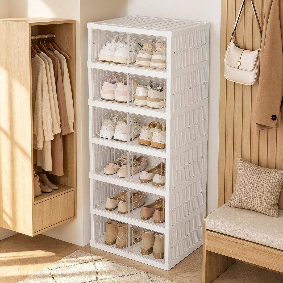GOFLAME 6-Tier Foldable Shoe Storage Box Fits 12 Pairs No Assembly