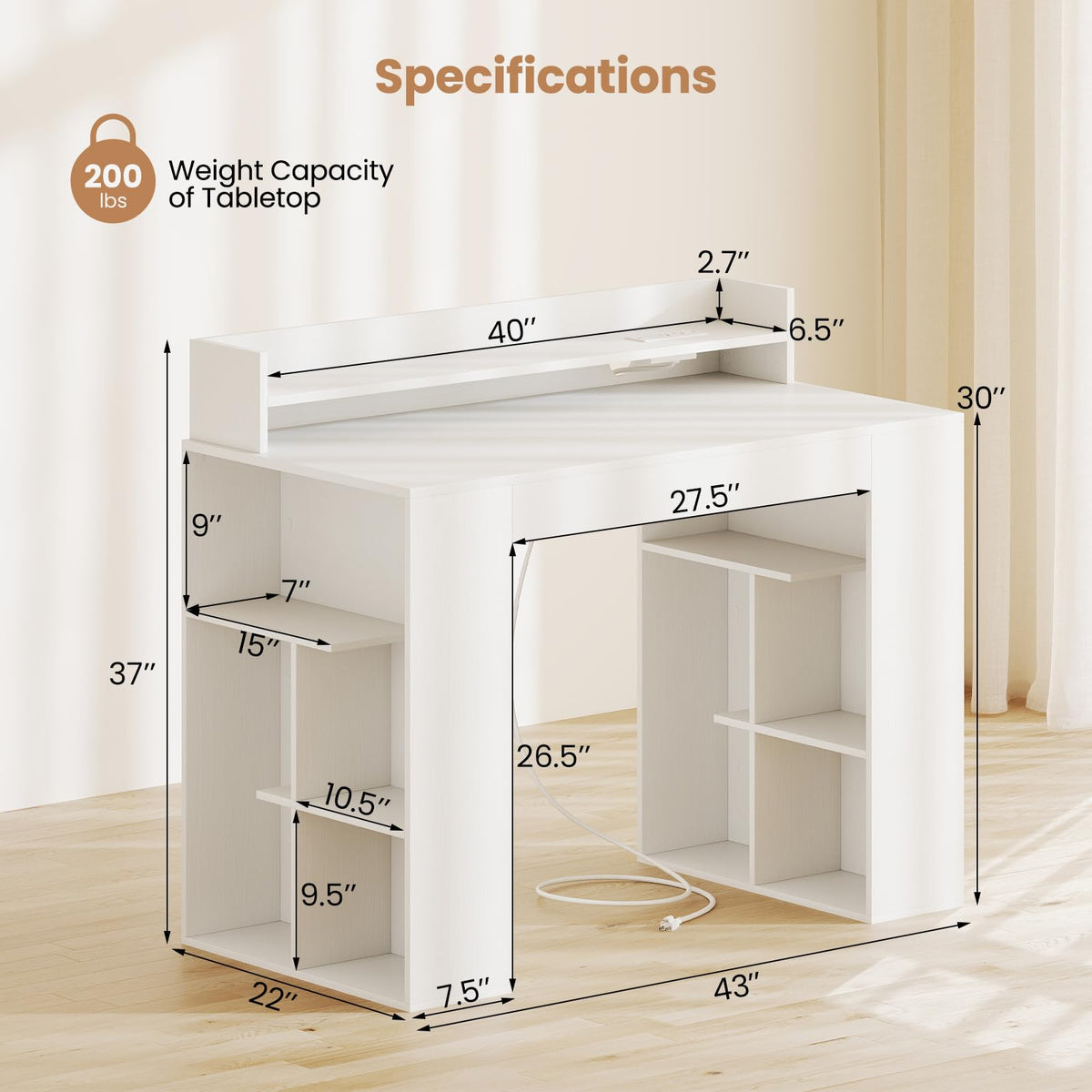 Goflame White Desk with Storage Shelves