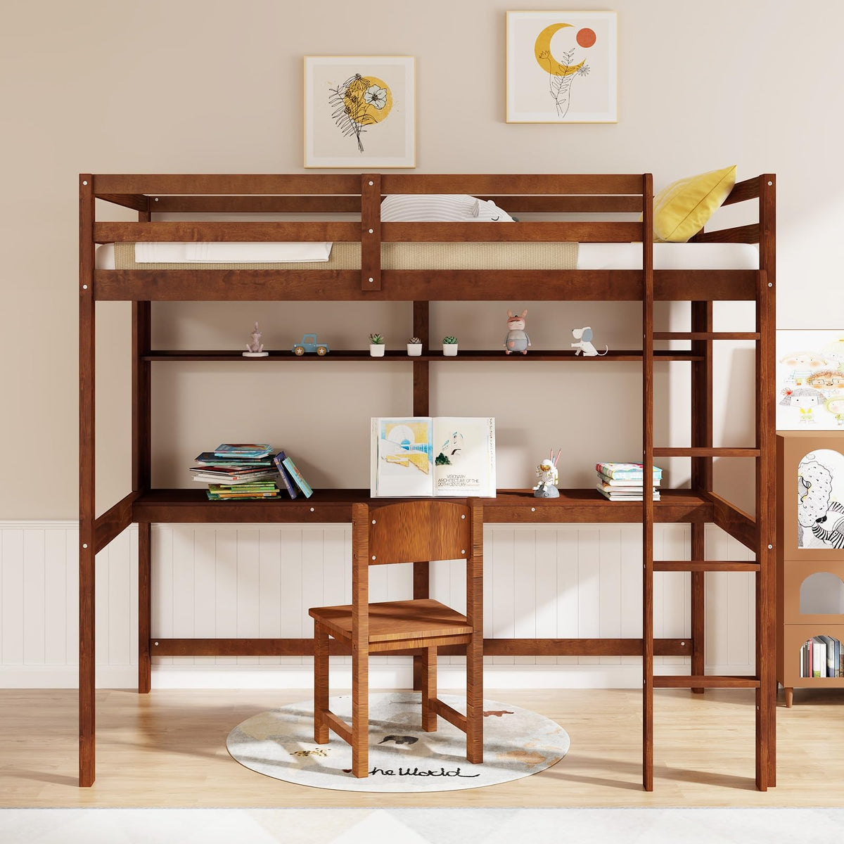 Goflame Twin Loft Bed with Desk and Bookshelf, Wooden Bed Frame with Safety Guardrail & Ladder