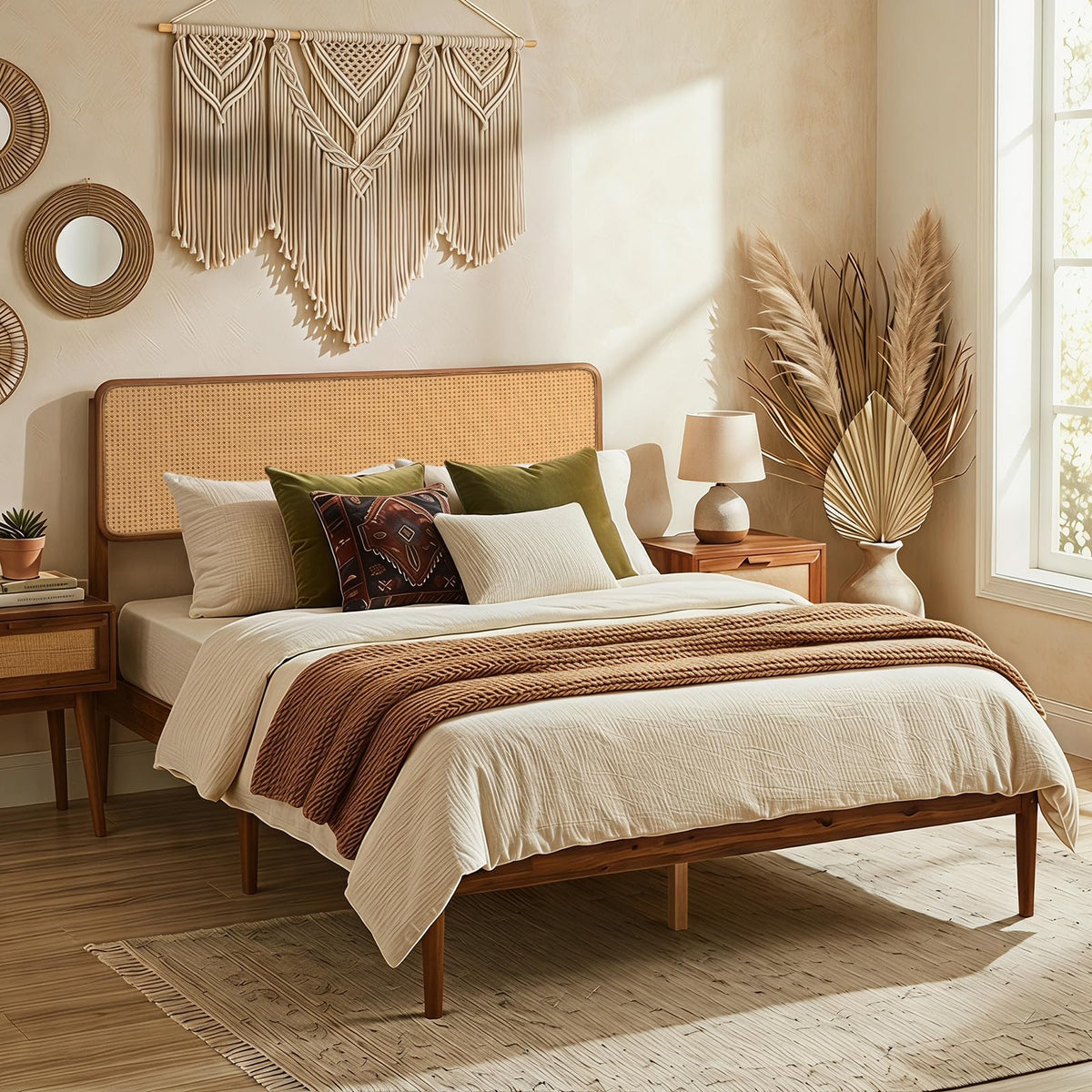 Goflame Wooden Bed Frame Full/Twin/Queen Size with Rattan Headboard