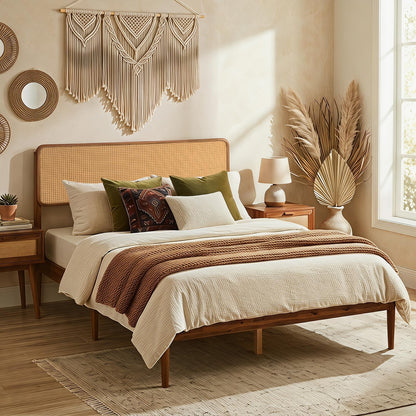 Goflame Wooden Bed Frame Full/Twin/Queen Size with Rattan Headboard