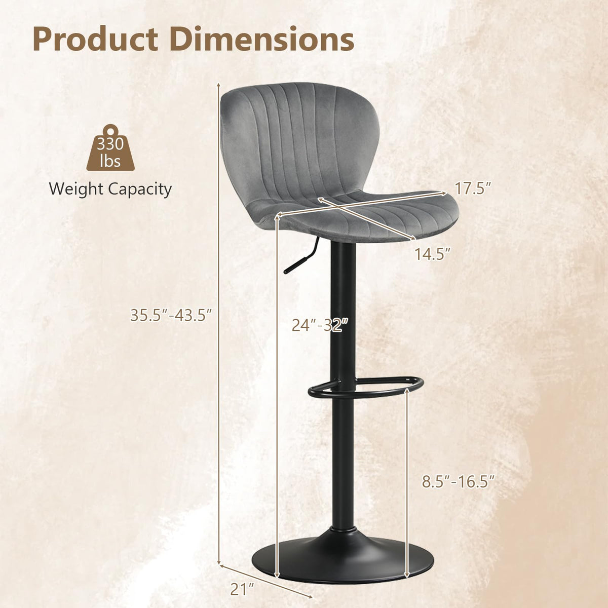 Goflame Bar Stools Set of 2/4 | Adjustable Counter Height Chairs with Velvet Upholstered Backrests