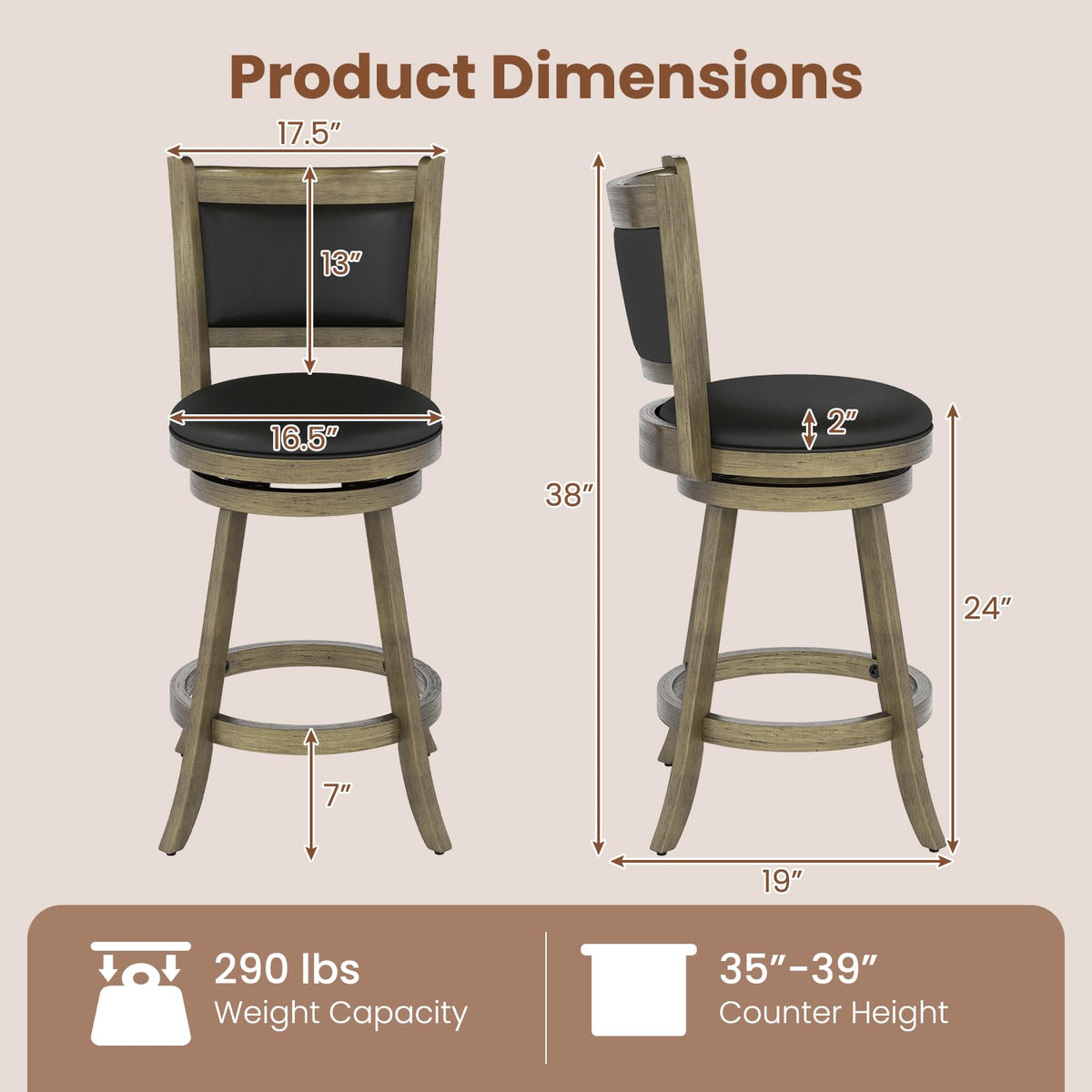 Goflame Accent Wooden Swivel Back Counter Height Bar Stool, Fabric Upholstered Design