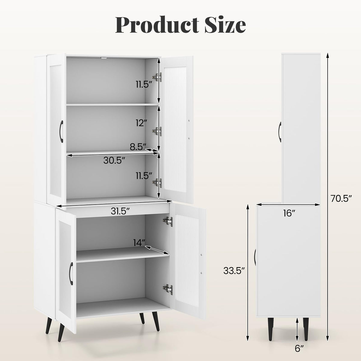 Goflame Kitchen Pantry Cabinet 70.5" Tall Cupboard with 4 Transparent Doors